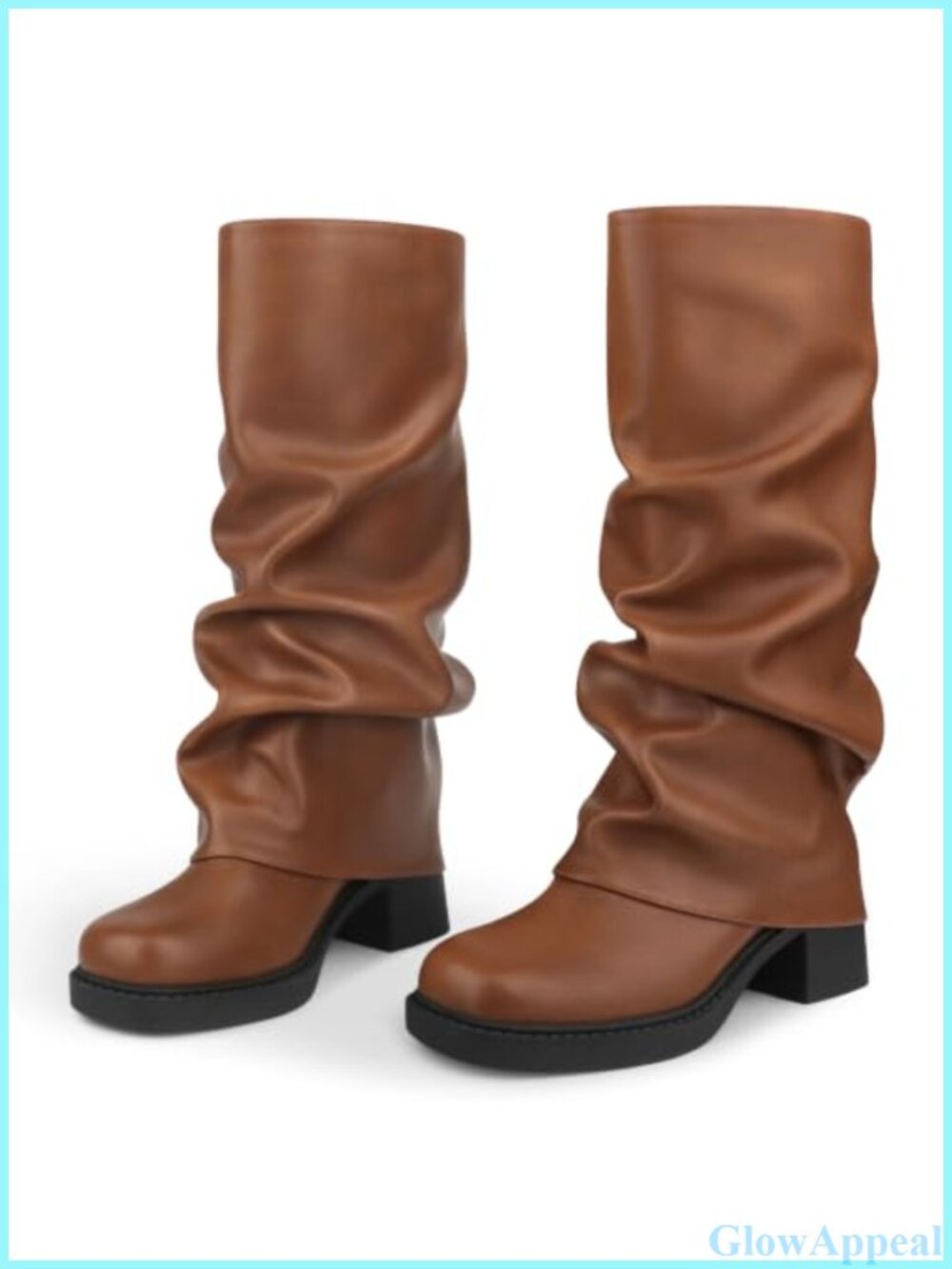 Faux Leather Mid Calf Boots Square Toe Chunky Block Heel Pull On